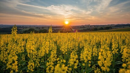 Obraz premium Golden hour in a blooming rapeseed meadow in a rural area