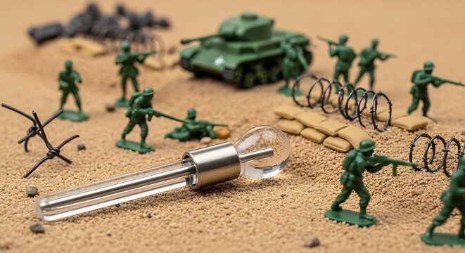 A miniature battlefield with green toy soldiers, a tank, and sandbags surrounding a large, modern vape tank.