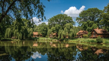 Summer scene of cottages encircled by forest beside a pond
