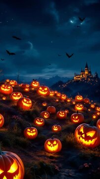 Illuminated carved pumpkins and a spooky castle on halloween night with bats