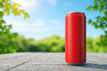 Icy Red Soda Can on Concrete Table with Green Foliage and Bright Sky in the Background Outdoors