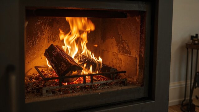 Blazing flames within a rustic wood stove in the lounge area