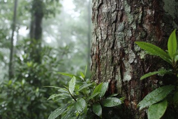 Vibrant foliage and textured tree bark thrive in misty forest environment during early morning hours