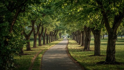 Obraz premium Enchanting and Distinctive Walkway Surrounded by Trees in a Green Space. Summer Outing. Scenic View.