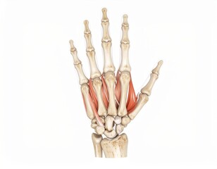 Anatomical illustration of a human hand skeleton, showcasing bones and muscles, with detailed structure highlighting the intricate design of the human anatomy and its functionality