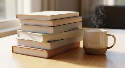 Fototapeta premium Cozy stack of books next to a warm mug on a wooden table