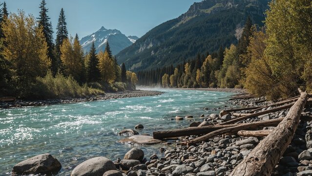 Beautiful natural landscape featuring a river in snowy mountains during summer travel