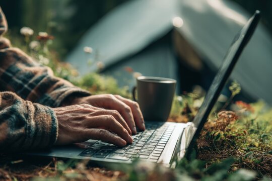 Close-up of hands typing on a laptop, sitting on the grass near a tent in a forest. Man is working outdoors using a computer. Close-up of a man using a notebook and drinking coffee, camping in nature. - Powered by Adobe