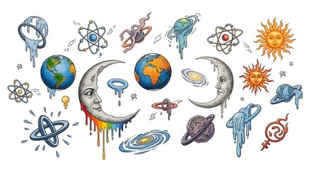 Eclectic collection of hand-drawn celestial and scientific symbols, including melting planets, personified moons and suns, atoms, and galaxies in a surreal, artistic style.
