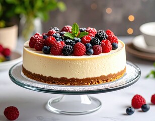 Delicious cheesecake topped with fresh raspberries, blueberries, and blackberries, elegantly presented on a glass cake stand, showcasing a delightful dessert experience for any occasion