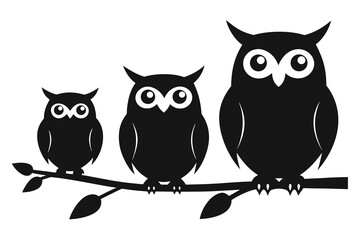 Three Stylized Black Owls Sitting on a Branch with Leaves Against a White Background
