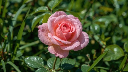 Macro shot of a rose flower amidst natural scenery, botanical texture, dew drops, warm weather, outdoors, passion, leaves, present