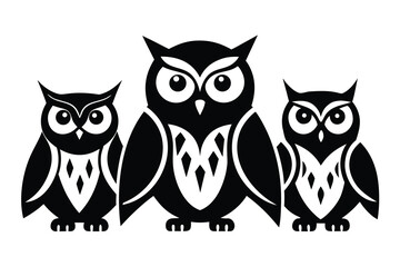 Three Stylized Owls, Black and White Illustration, Cartoon Owls on White Background