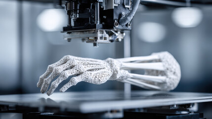 3d printed cast for a forearm, in a lab being printed in a professional 3D printer. 3d illustration.