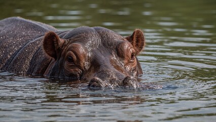 Fototapeta premium A large, plant-eating mammal with a stout, rounded body that lives mostly in water and grazes on grass during nighttime.