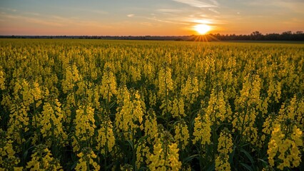 Obraz premium Beautiful yellow canola blossoms glowing under sunset illumination in a vast agricultural area.