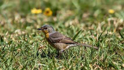 Side Perspective of a Grey Wagtail with Yellow Belly and Elongated Tail Standing on Grassy Terrain, Looking Away in Natural Light