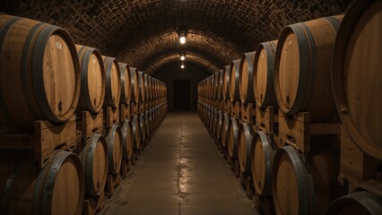 Wooden casks filled with spirits stored in a vintage cellar room