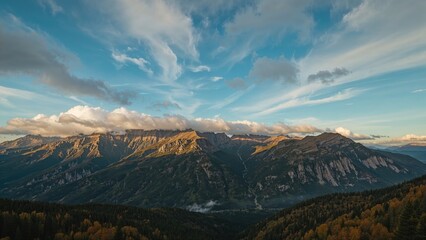 Tranquil wilderness scene with elevated terrain and a bright sky, soft background, autumn foliage
