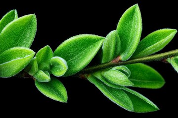 Fototapeta premium Close-up view of vibrant green leaves showcasing intricate texture and color in a dark background setting