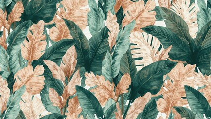 Exotic tropical leaf pattern in soft pastel hues showcasing banana, palm, and colocasia foliage with a 3D hand-drawn effect, great for wallpapers and fabric printing.