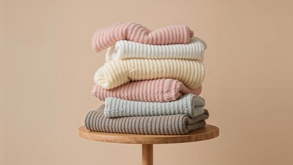 Pile of various pastel woolen knitted sweaters and blankets arranged on a small round table on a plain background. Concept highlighting a cozy and warm home setting with space for writing.