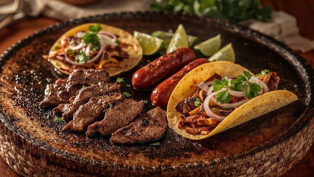 Taco featuring roasted meat and longaniza sausage, a classic dish from northern Mexico, also called Asado, Discada, or Parrillada.