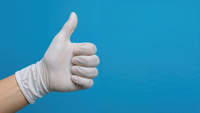 Medical glove giving thumbs up with protective mask on blue background. Standard 3-layer surgical mask designed to cover mouth and nose. Theme of defense against germs and viruses.