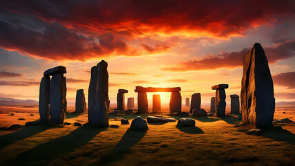 Stonehenge-like stone circle at a brilliant golden sunset, ancient landmark, mystical landscape,4k