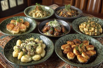 Delicious variety of freshly prepared pasta dishes presented on decorative green plates at a cozy restaurant