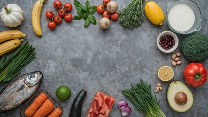 Assortment of antioxidant-rich, vitamin-packed health foods displayed on a neutral gray surface promoting age-defying diet ideas with room for copy