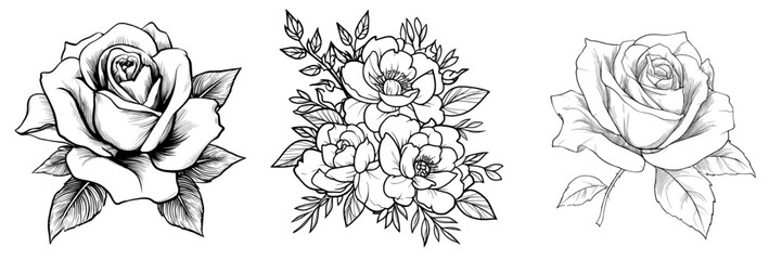 Floral ornament illustration featuring a rose with a black outline, isolated on a white background, suitable for graffiti or tattoo designs