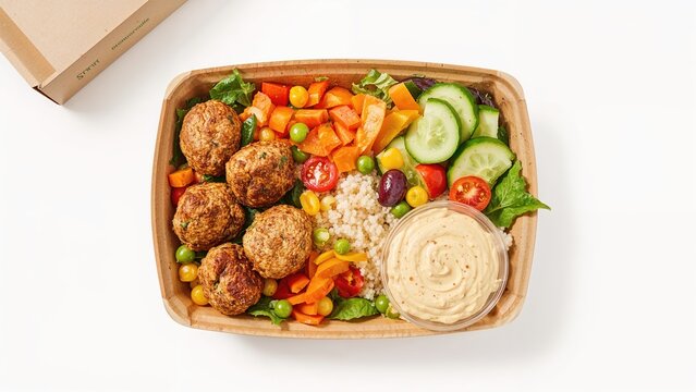 Nutritious to-go salad featuring meatballs, veggies, couscous, and hummus in eco-friendly paper boxes, overhead shot