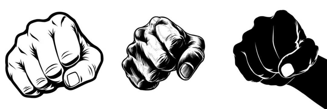 Modern silhouette illustration of a hand punch fist gesture from the front view isolated on a white background