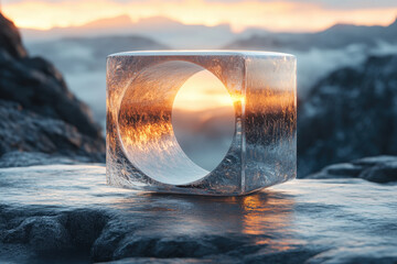 Sunset seen through glass cube.