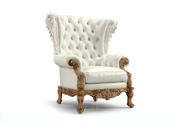 Fototapeta premium Elegant white tufted armchair with ornate wooden accents in a classic design and a luxurious finish
