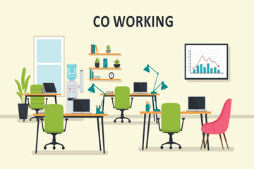 Modern office interior with desks chairs and plants co working laptops