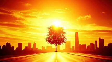 Golden Cityscape: Lone Tree Silhouetted Against a Fiery Sunset