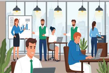 Office meeting with presentation and laptops whiteboard chart