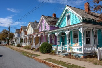 Colorful Victorian homes line a peaceful street in a historic town during bright daylight