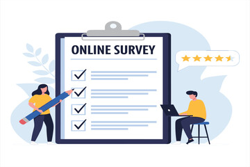 People completing online survey with feedback stars and checklist rating