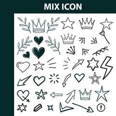 Hand Drawn Doodle Icon Set with Hearts Stars Arrows and Crowns