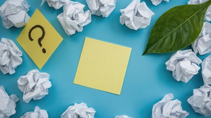 Yellow square sticky notes on a blue surface with scattered crumpled papers and a question mark drawn on one note.