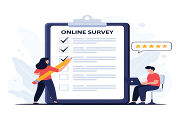 People completing online survey with feedback stars checklist laptop