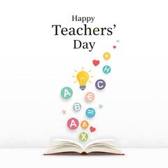 Open book with colorful floating letters and lightbulb celebrating happy teachers day