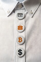 Fintech Icons on Shirt Buttons – Close-Up of Linen Shirt with Finance Symbols