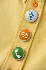 Communication Icons on Shirt Buttons – Phone, SMS, Email Symbols on Linen Fabric