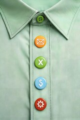 Communication Icons on Shirt Buttons – Phone, SMS, Email Symbols on Linen Fabric