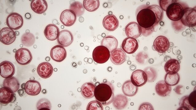 Microspherocytes observed in a peripheral blood smear under light microscopy showing nucleated erythrocytes, leukocytes, and polychromasia on a white background.