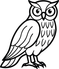 Fototapeta premium Black outline of an owl standing on white background bird perched